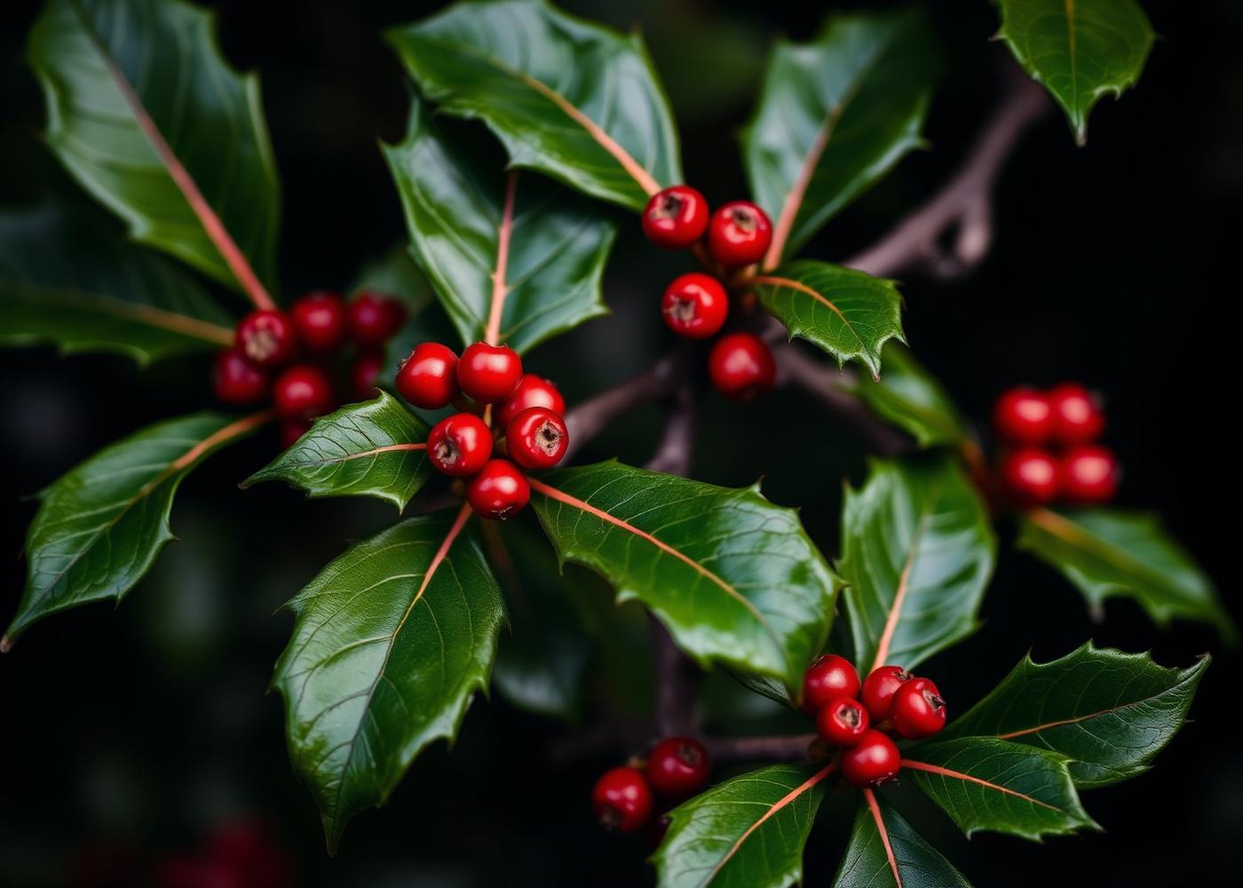 Close view of yaupon holly leaves and red berries
